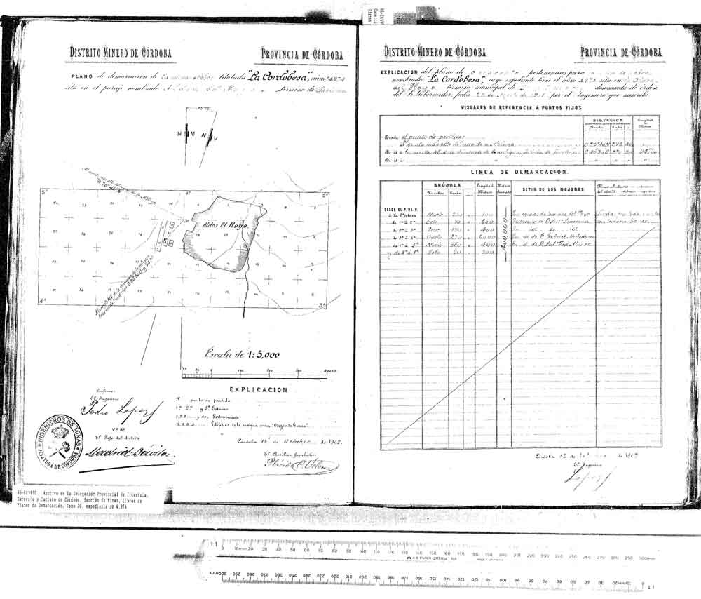 Plano Mina La Cordobesa, demarcada en 1.901, debajo Plano Mina Virgen de Gracia