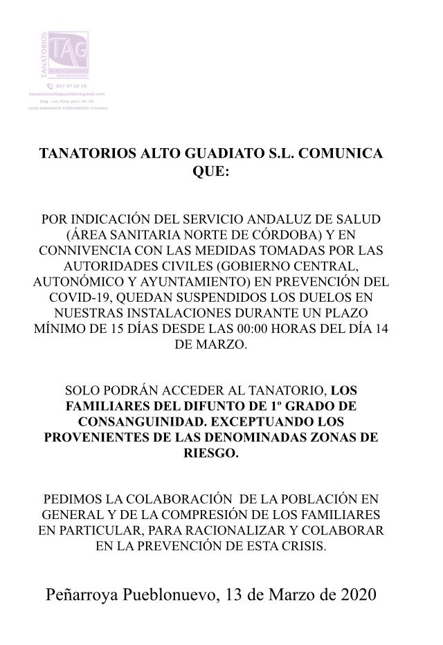 Comunicado del Tanatorio Alto Guadiato