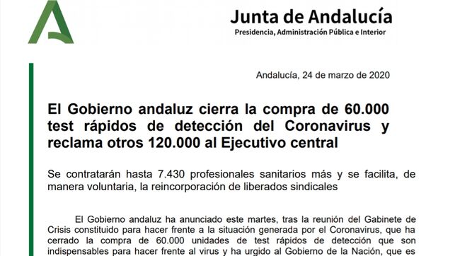 Nota de prensa de la Junta de Andaluca, difundida el 24 de marzo