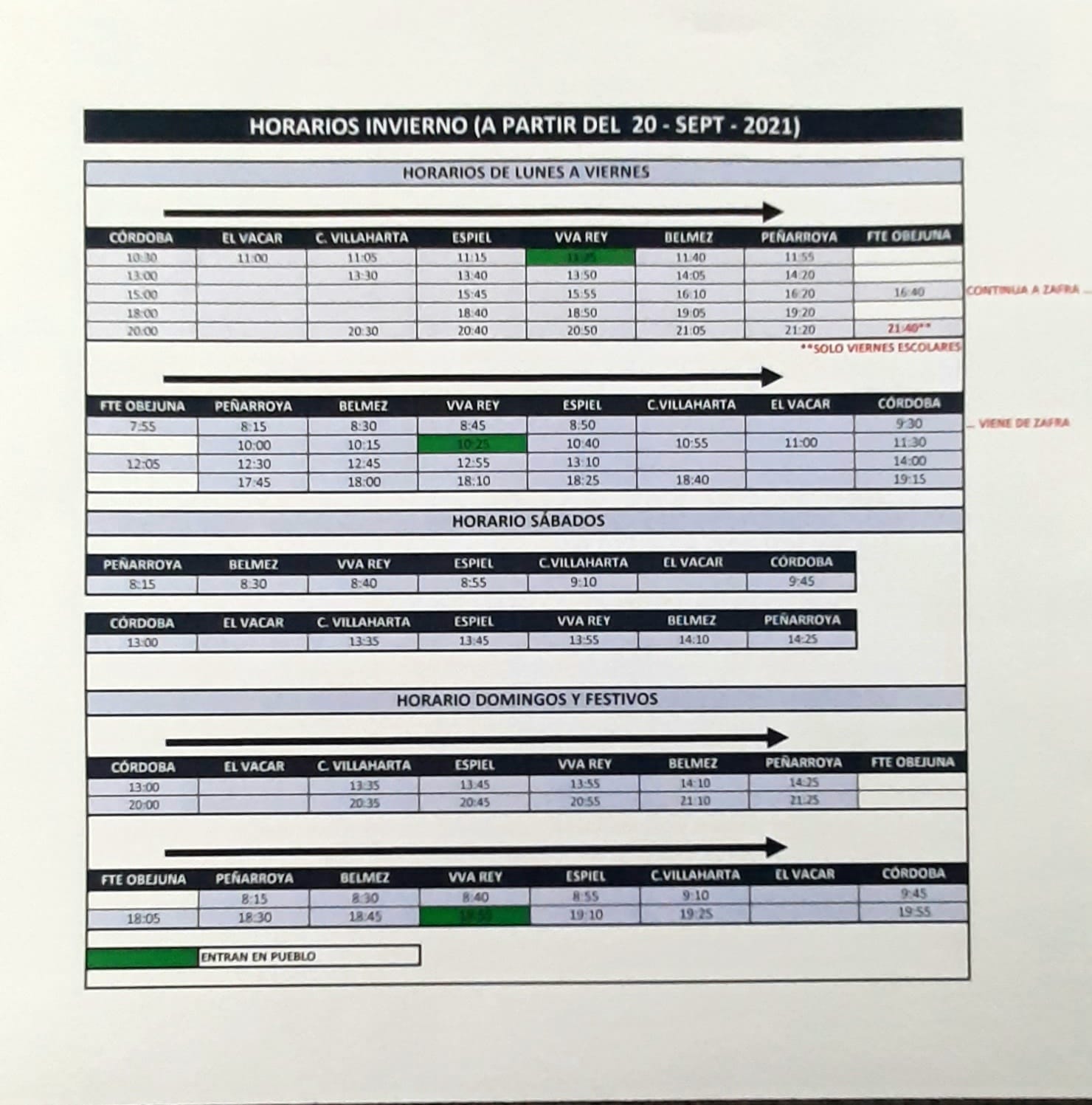 Horario autobuses San Sebastian, Valle del Guadiato